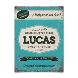 Mooi blauw naambord van Koenmeloen met naam van kind. Leuk als kraamcadeau.