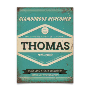 Mooi blauw naambord van Koenmeloen met naam van kind. Leuk als kraamcadeau.