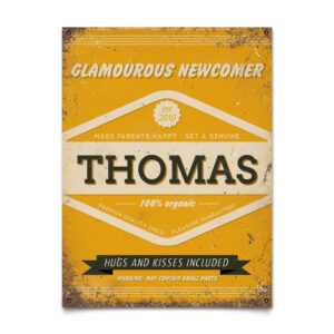 Mooi geel naambord van Koenmeloen met naam van kind. Leuk als kraamcadeau.