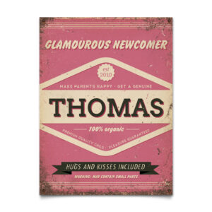 Mooi roze naambord van Koenmeloen met naam van kind. Leuk als kraamcadeau.