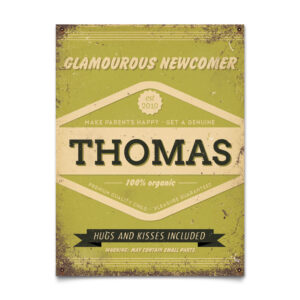 Mooi groen naambord van Koenmeloen met naam van kind. Leuk als kraamcadeau.