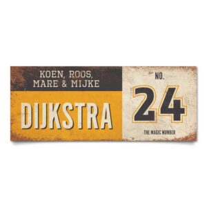 Koenmeloen-vintage-naambord-Dijksrta-geel-zwart-wit