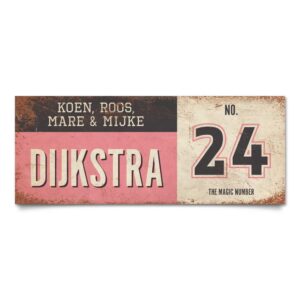 Koenmeloen-vintage-naambord-Dijksrta-roze-zwart-wit