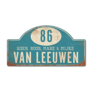 Naambord-Van-leeuwen-voordeur-koenmeloen-blauw-wit-rallybord