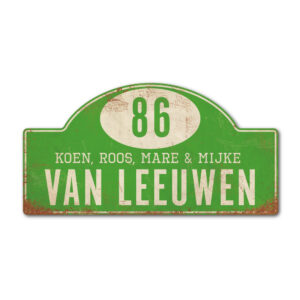 Naambord-Van-leeuwen-voordeur-koenmeloen-groen-wit-rallybord