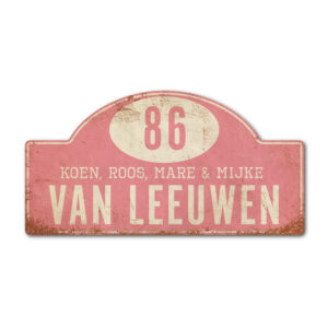 Naambord-Van-leeuwen-voordeur-koenmeloen-licht-roze-wit-rallybord