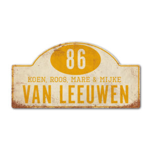 Naambord-Van-leeuwen-voordeur-koenmeloen-wit-geel rallybord