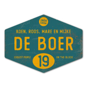 Naambord-de-boer-geel-petrol-blauw-ruit-koenmeloen-vintage-origineel