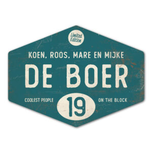 Naambord-de-boer-petrol-blauw-wit-ruit-koenmeloen-vintage-muur