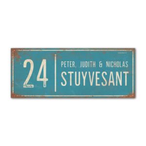 Naambord-Stuyvesant-vintage-koenmeloen-voordeur-blauw-wit