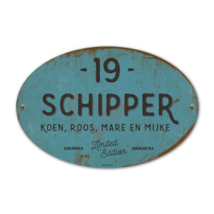 Naambord-Schipper-vintage-koenmeloen-voordeur-blauw-zwart-muur