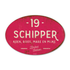 Naambord-Schipper-vintage-koenmeloen-voordeur-knal-roze-wit-muur