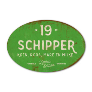 Naambord-Schipper-vintage-koenmeloen-voordeur-licht-groen-wit