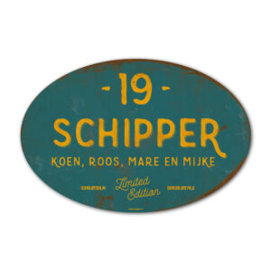 Naambord-Schipper-vintage-koenmeloen-voordeur-petrol-blauw-geel-muur