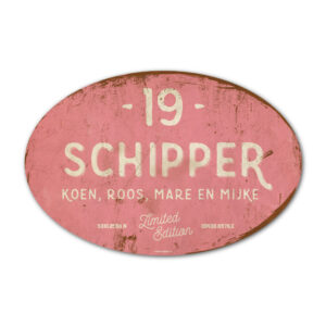 Naambord-Schipper-vintage-koenmeloen-voordeur-roze-wit
