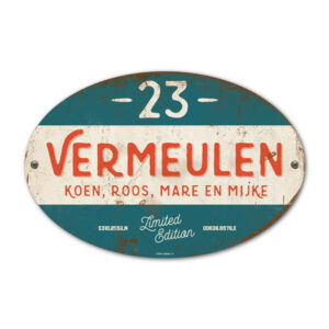 Naambord-Vermeulen-vintage-koenmeloen-voordeur-rood-groen-wit