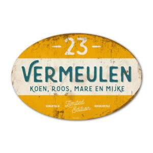 Naambord-Vermeulen-vintage-koenmeloen-voordeur-blauw-geel-wit