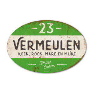 Naambord-Vermeulen-vintage-koenmeloen-voordeur-groen-zwart-wit-muur