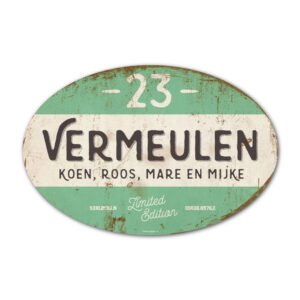 Naambord-Vermeulen-vintage-koenmeloen-voordeur-zwart-mint-wit