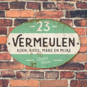 Naambord-Vermeulen-vintage-koenmeloen-voordeur-zwart-mint-wit