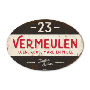 Naambord-Vermeulen-vintage-koenmeloen-voordeur-zwart-rood-wit