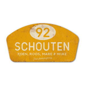 Naambord-Schouten-vintage-koenmeloen-voordeur-wit-geel