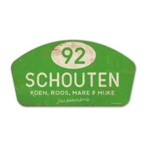 Naambord-Schouten-vintage-koenmeloen-voordeur-groen-wit