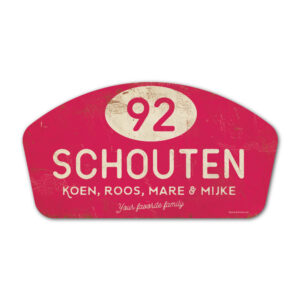 Naambord-Schouten-vintage-koenmeloen-voordeur-knalroze-wit