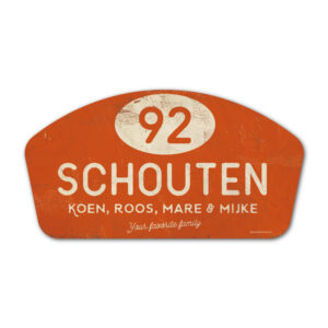Naambord-Schouten-vintage-koenmeloen-voordeur-oranje-wit