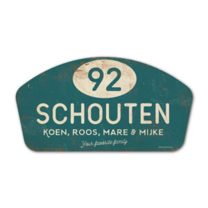 Naambord-Schouten-vintage-koenmeloen-voordeur-petrol-blue-wit
