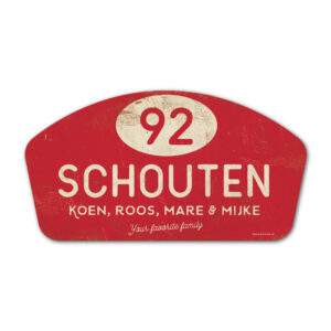 Naambord-Schouten-vintage-koenmeloen-voordeur-rood-wit