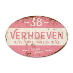 Naambord-Verhoeven-vintage-koenmeloen-voordeur-roze-wit