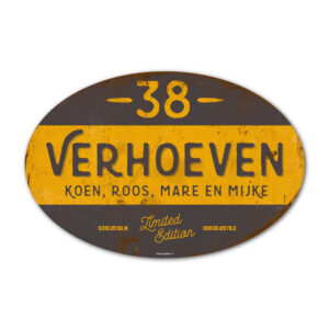 Naambord-Verhoeven-vintage-koenmeloen-voordeur-geel-zwart