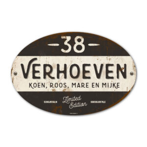 Naambord-Verhoeven-vintage-koenmeloen-voordeur-zwart-wit
