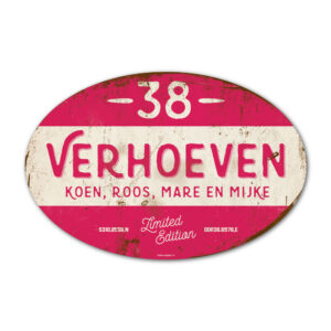 Naambord-Verhoeven-vintage-koenmeloen-voordeur-knal-wit-knal-roze