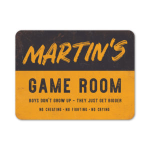 gameroom- cadeau - koenmeloen naamborden - zwart geel